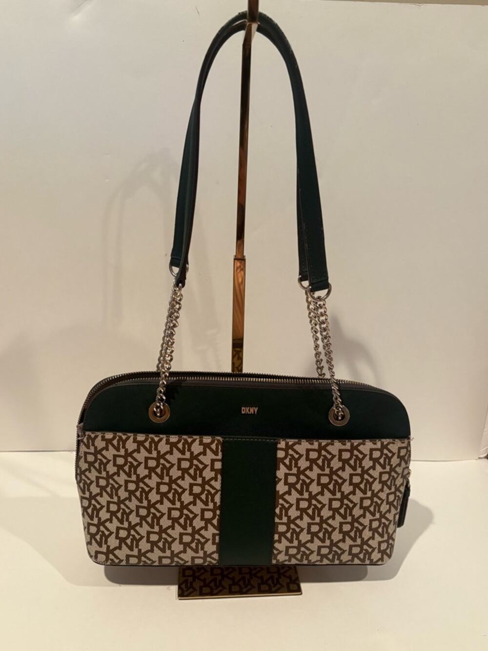 DKNY brown logo shoulder bag with green accents